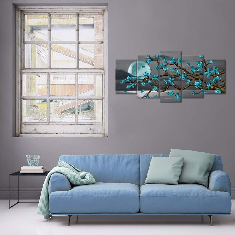 Visual Art Decor Beautiful Flowers Wall Art Abstract Teal Magnolia Blossom Over Sea Canvas Prints Gallery Wrap Floral Decoration Modern Living Room Bedroom Home Artwork Gift (W-50xH-24) - Image 4